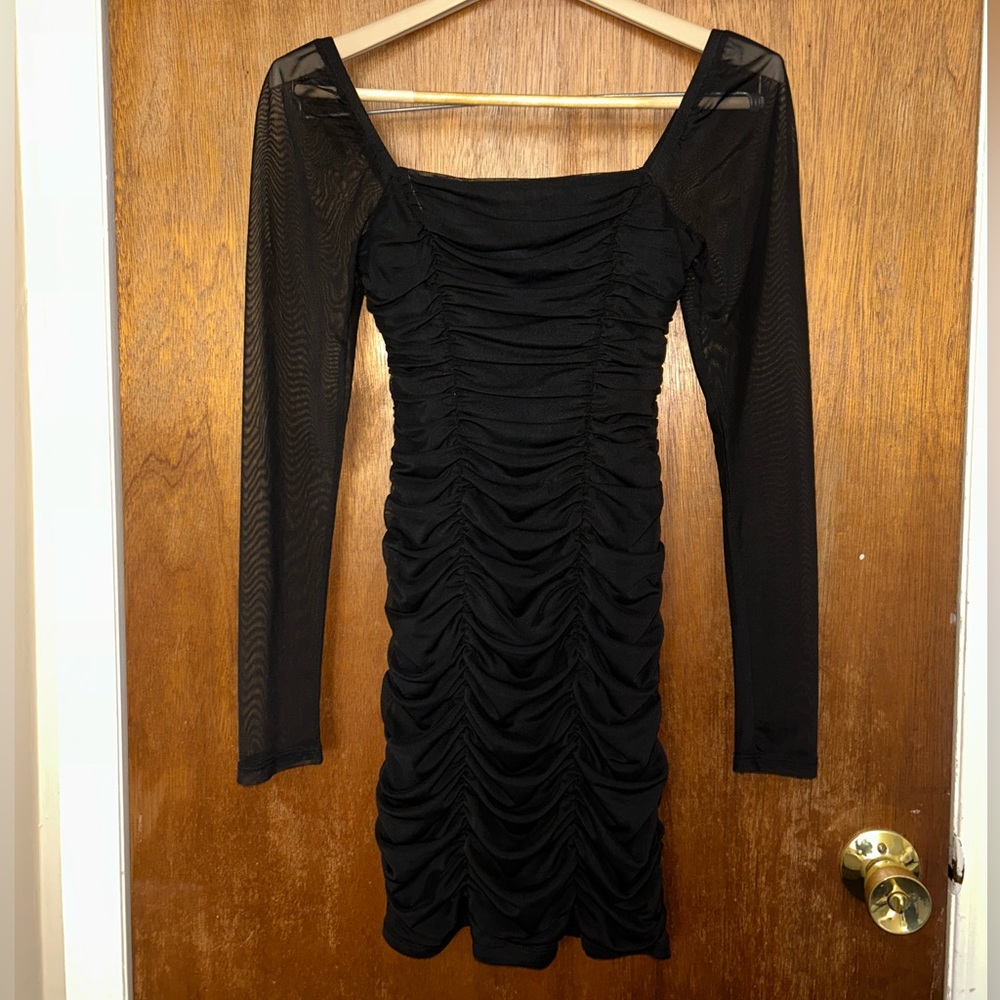 BLACK RUCHED MESH LONG SLEEVE MINI DRESS! PERFECT CONDITION, NEVER WORN!
